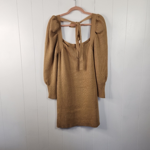 WAYF Leland Camel Long Puff Sleeve Bodycon Mini Ribbed Sweater Dress Size Medium - Picture 5 of 11